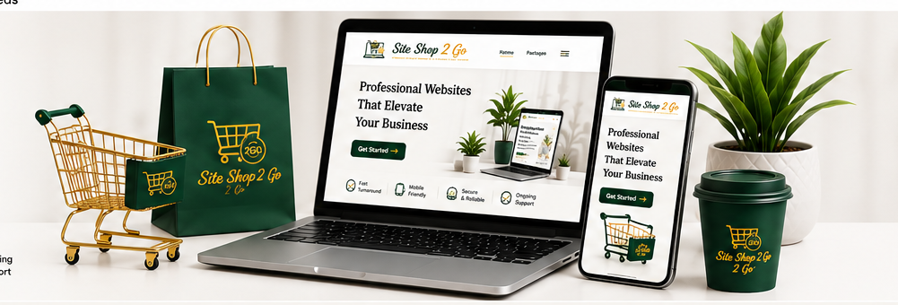 Site Shop 2 Go branded shopping bag, cart, laptop, phone, plant and cup